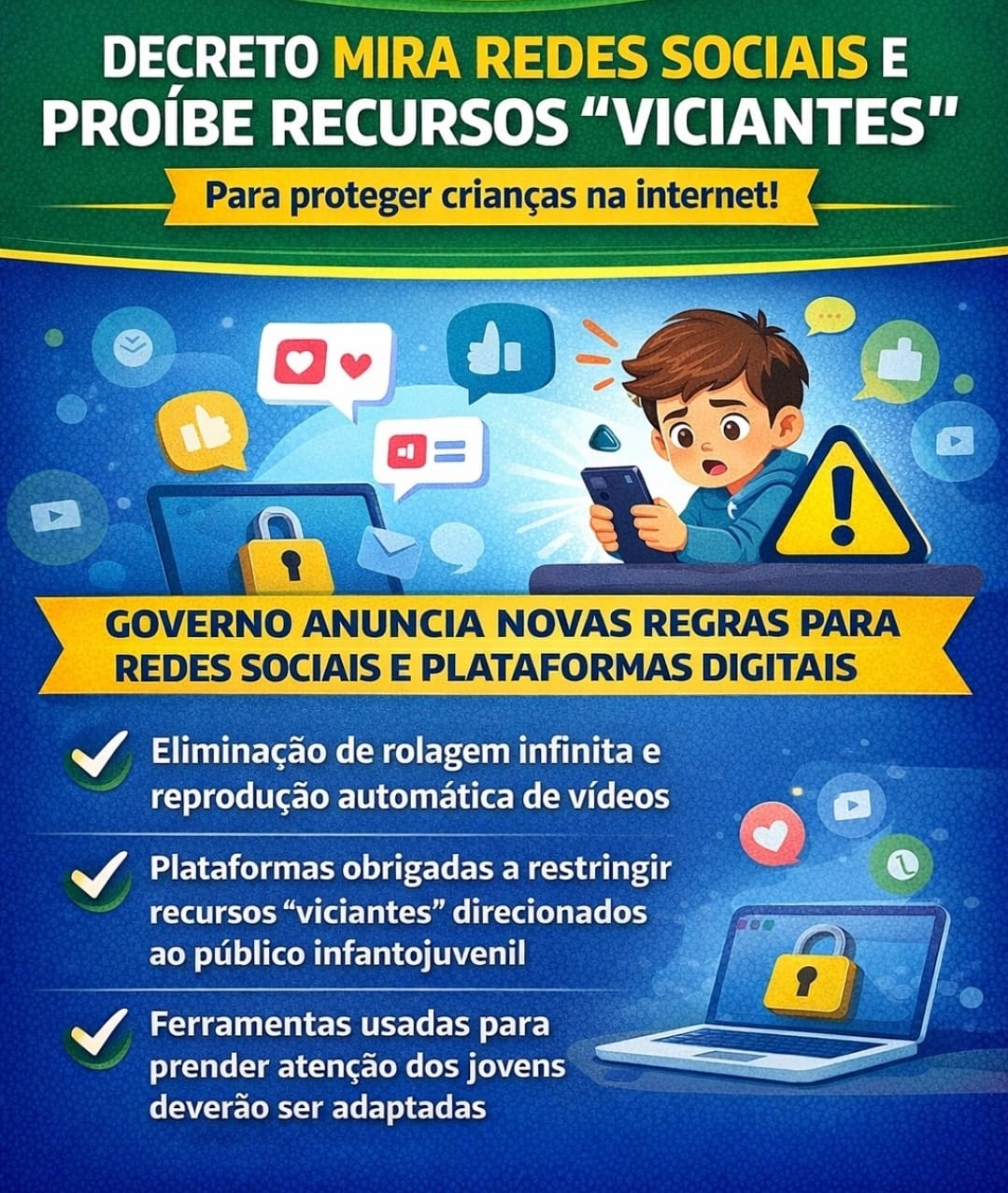 Decreto mira redes sociais e proíbe recursos “viciantes” para proteger crianças na internet