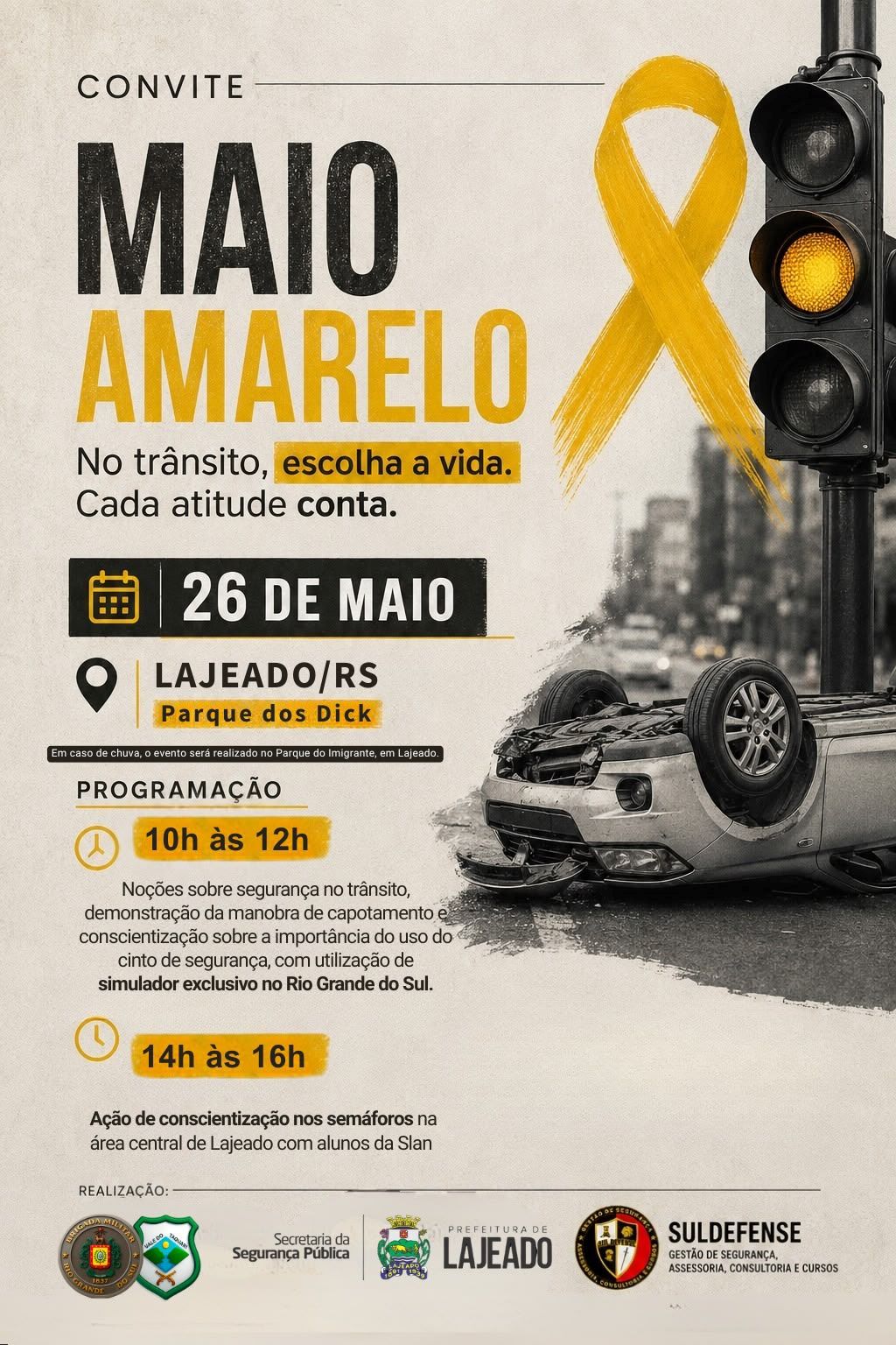 MAIO AMARELO: Prefeitura de Lajeado organiza ações de conscientização no trânsito e simulado de capotamento nesta terça-feira